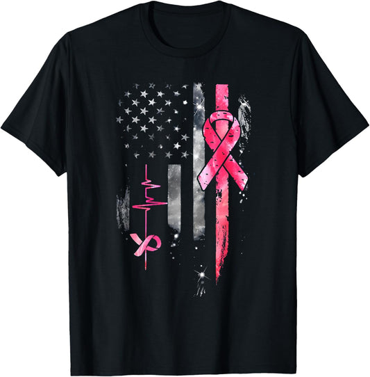 American Flag Pink Ribbon Breast Cancer Awareness Support T-Shirt