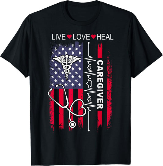 Caregiver Shirt For Men Women USA American Flag Caregiver T-Shirt