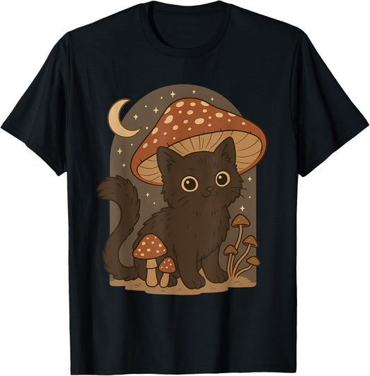 Cat Lovers Mystical Black Cat Mushroom Cottagecore Aesthetic T-Shirt for Men Women