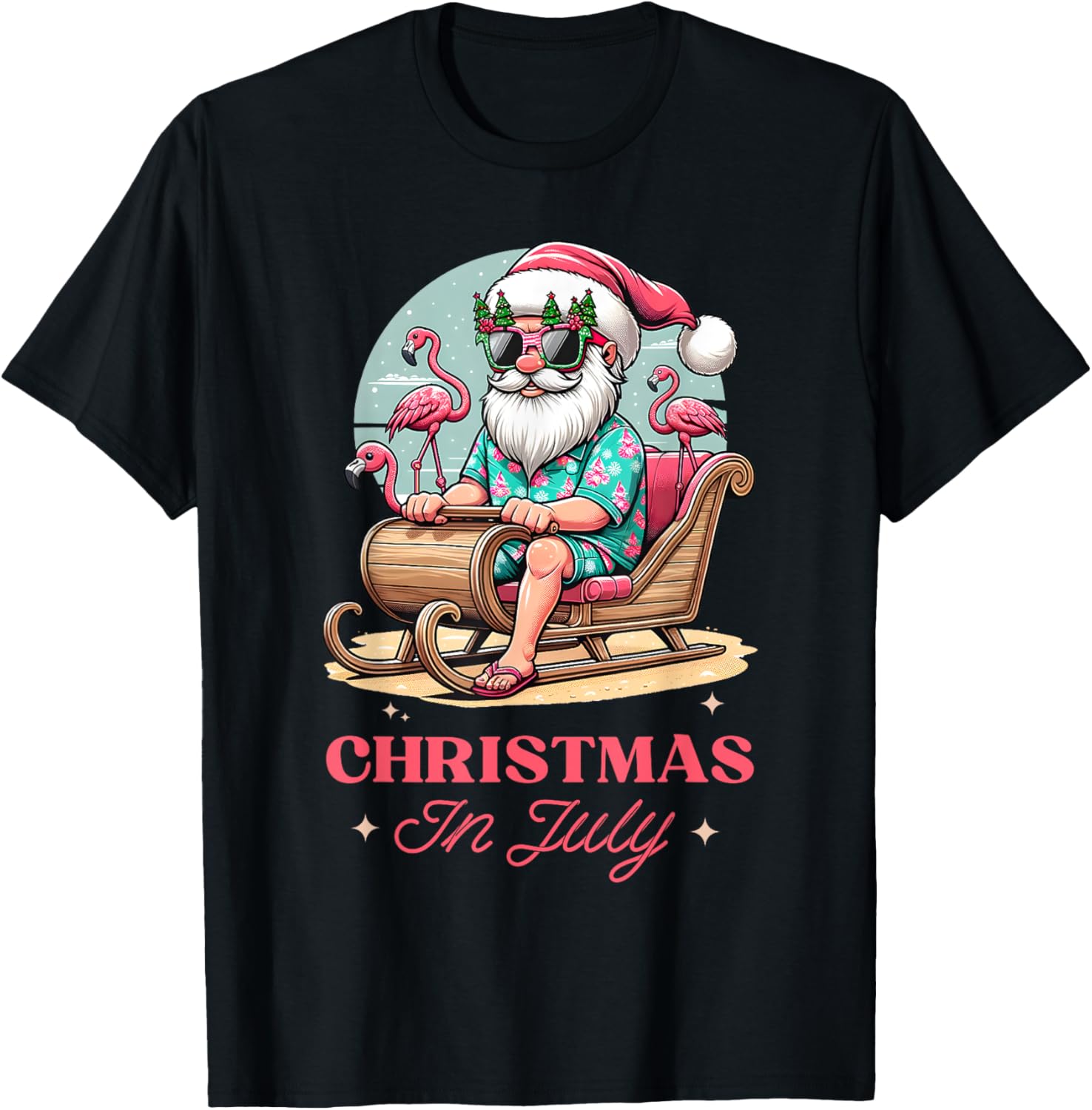 Funny Christmas in July Summer Santa Flamingo Sleigh Xmas