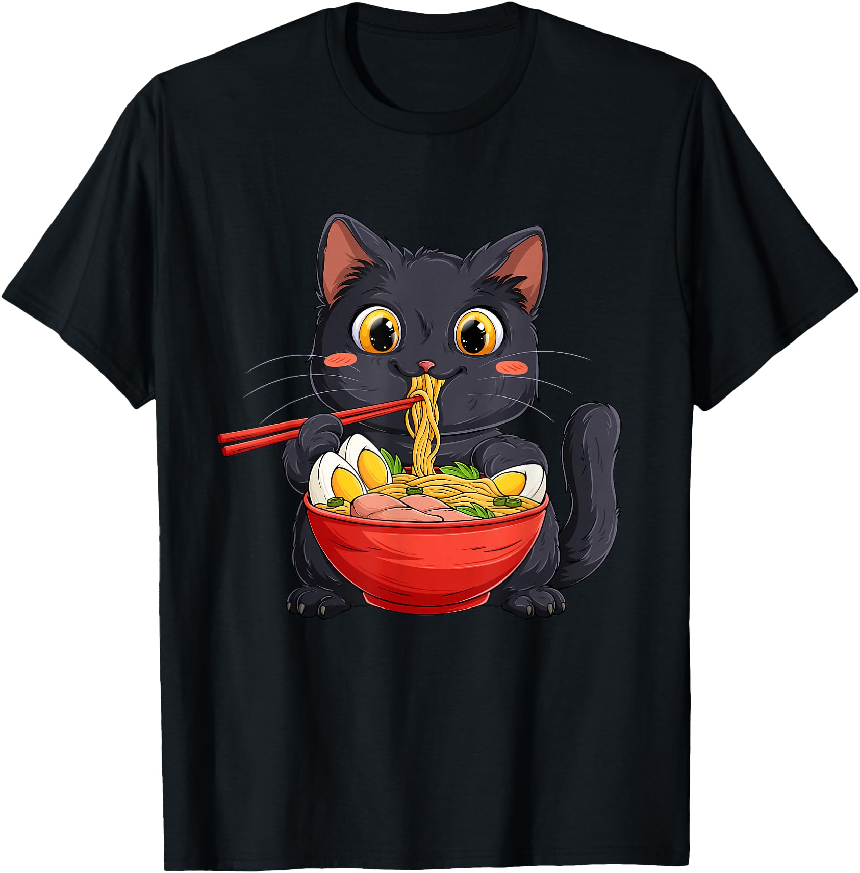 Black Cat Eating Ramen Noodle Kawaii Anime Style