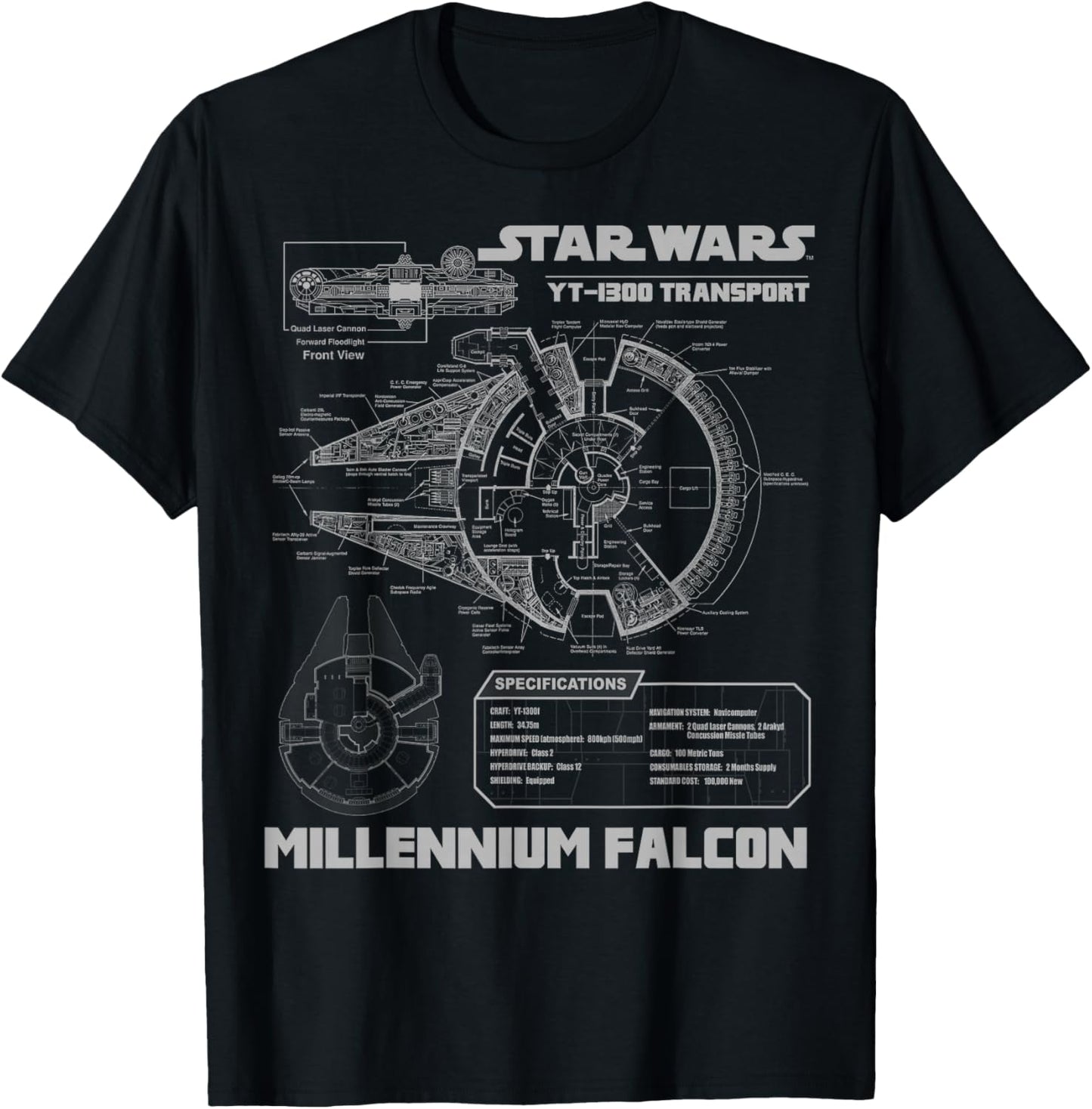 Star Wars Millennium Falcon Grey Schematics Graphic T-Shirt