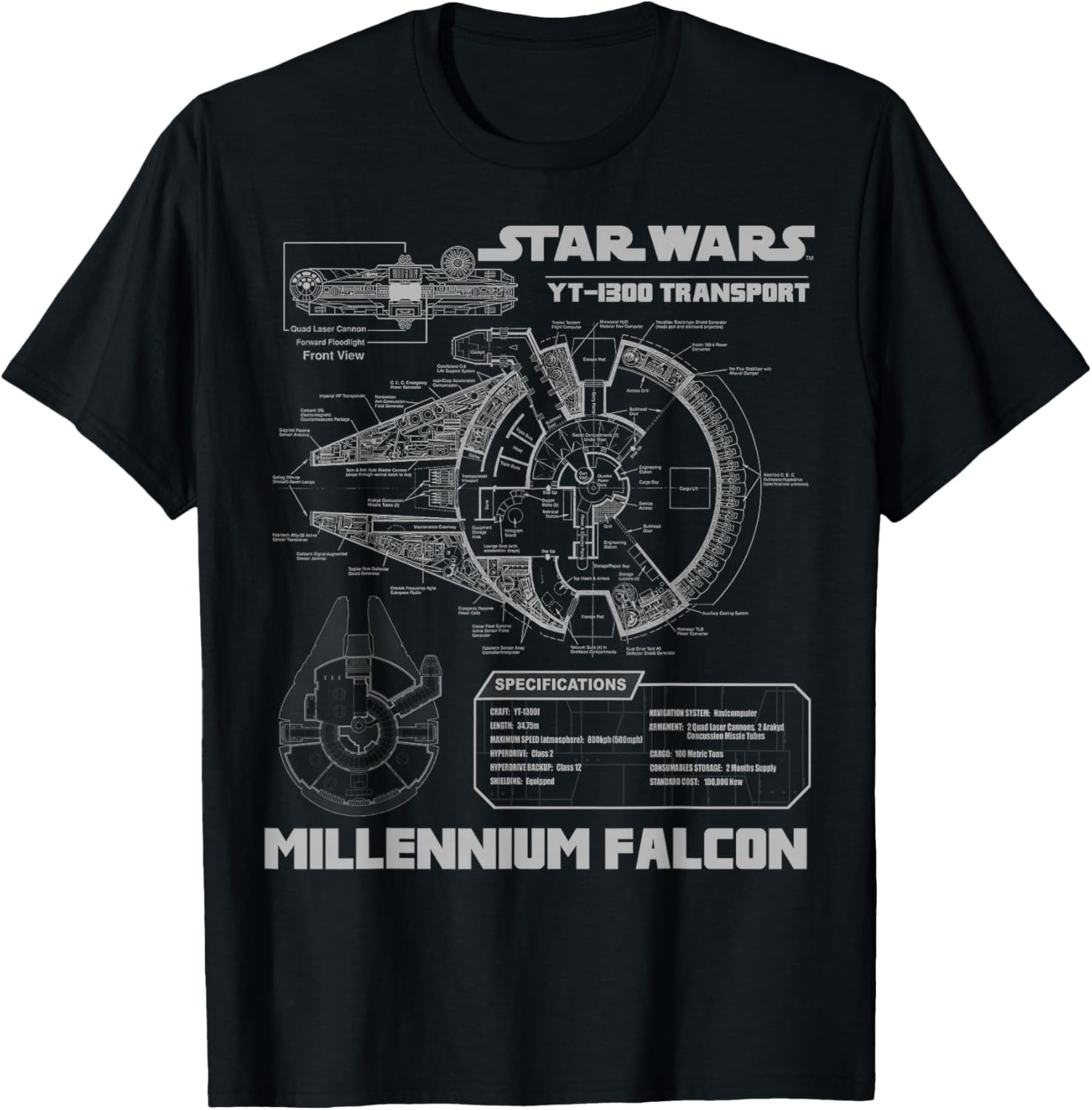 Star Wars Millennium Falcon Grey Schematics Graphic T-Shirt