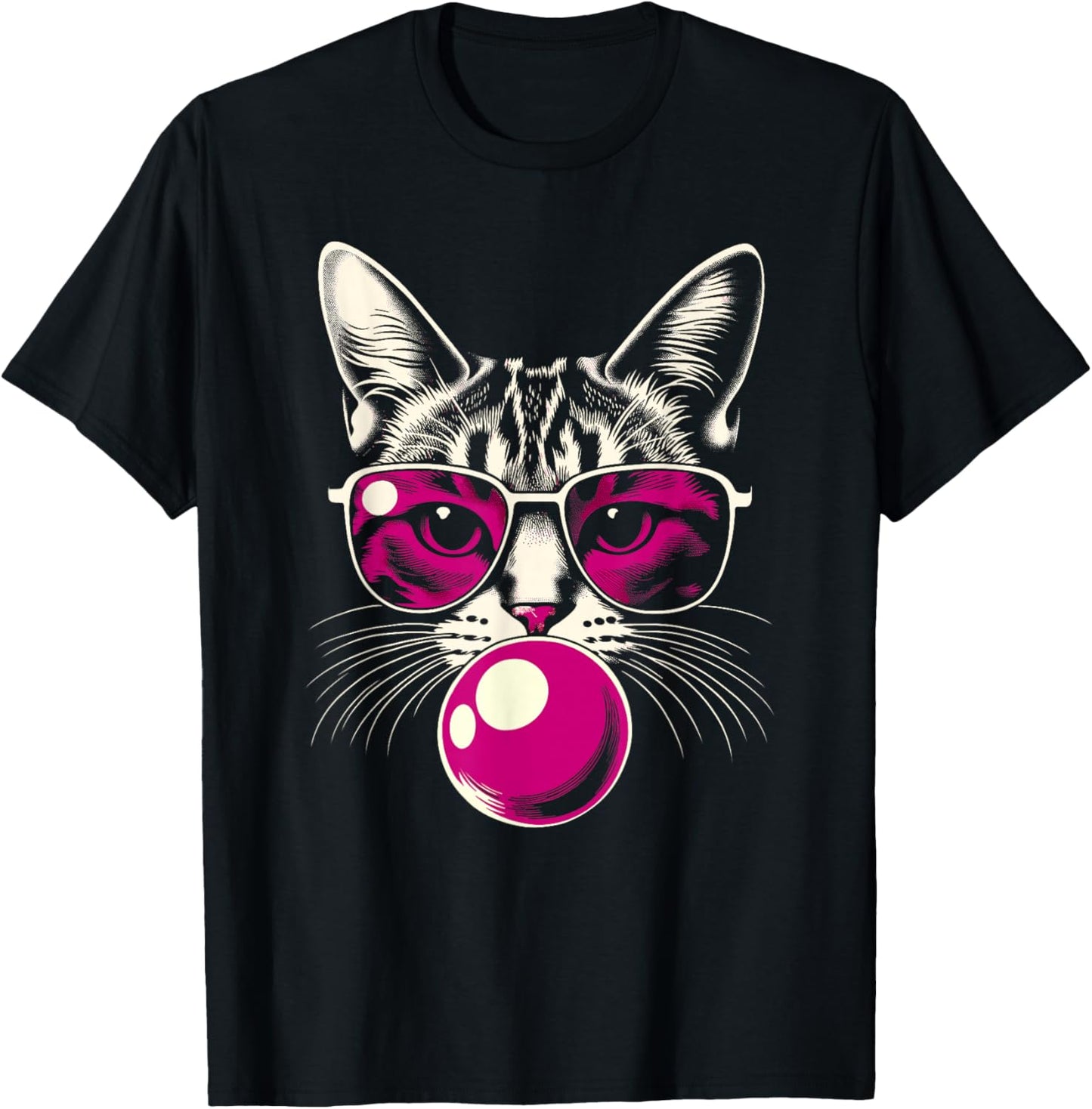 Cat in Pink Glasses Pink Bubble Men Women Kids Funny Cat T-Shirt