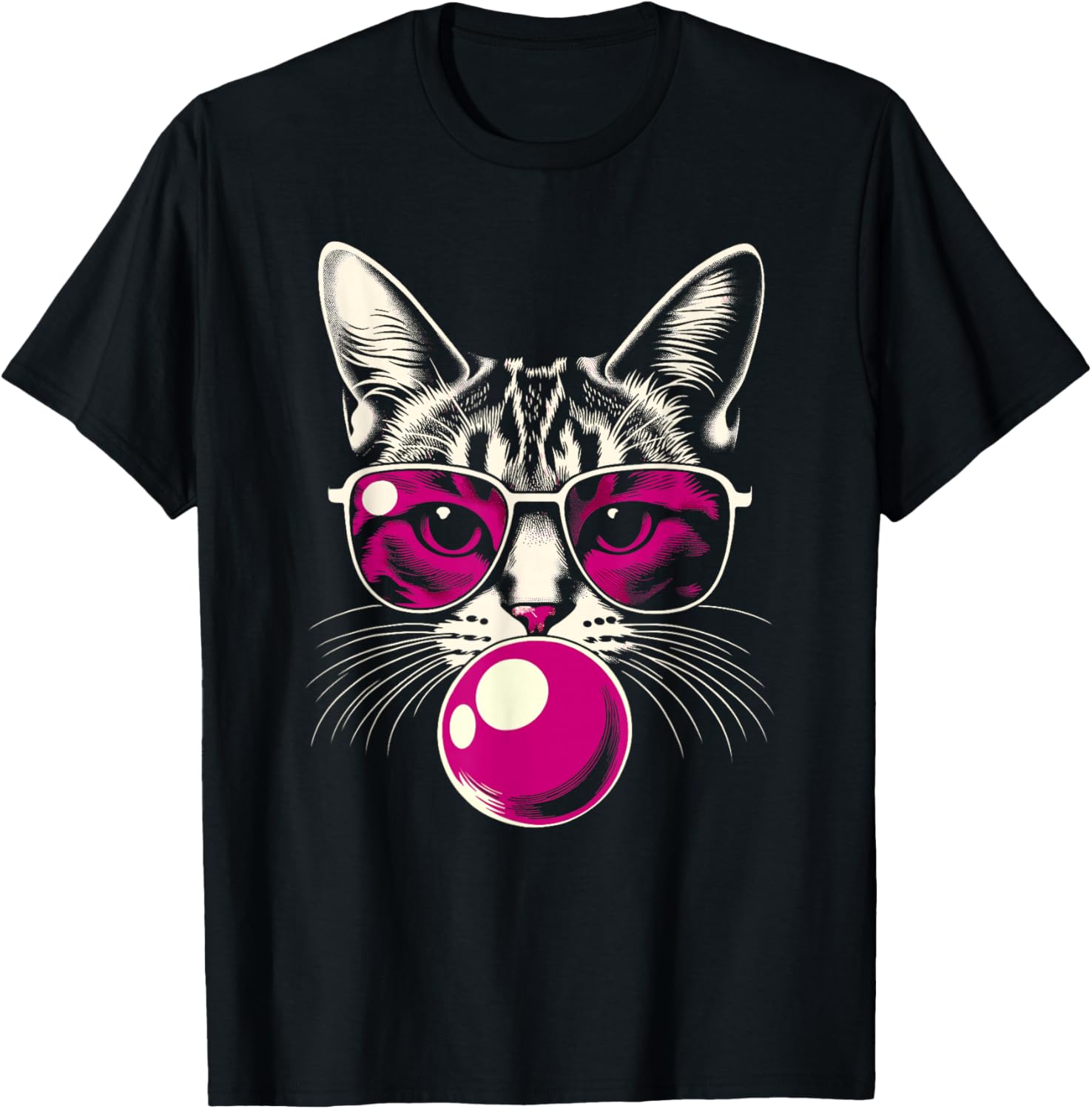 Cat in Pink Glasses Pink Bubble Men Women Kids Funny Cat T-Shirt