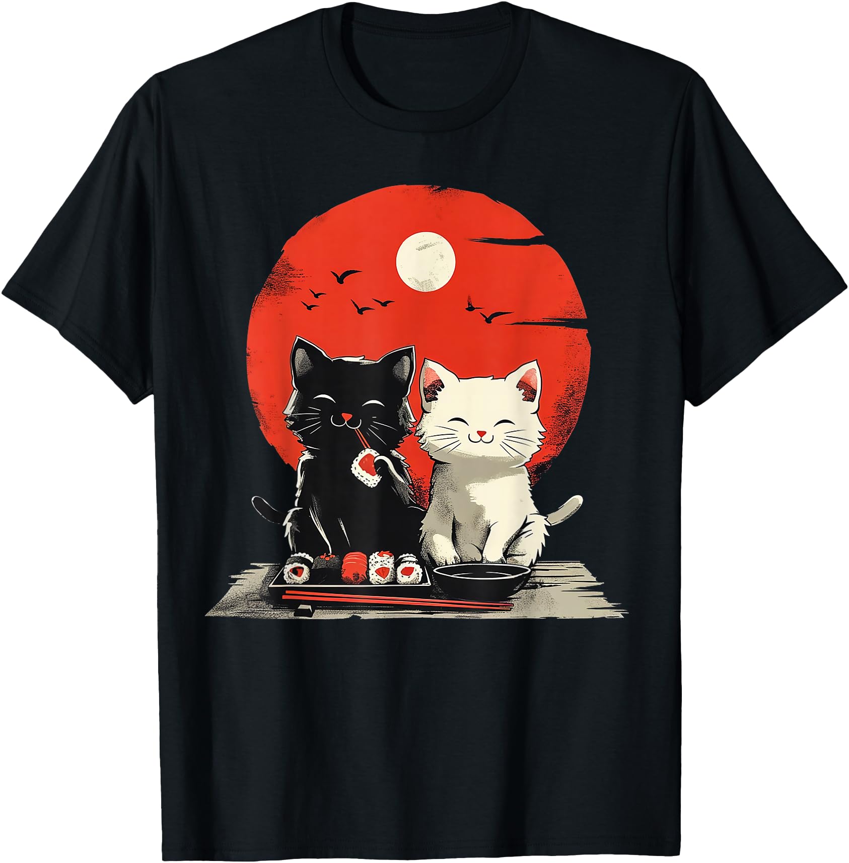 Cute Cartoon Cats Eating Sushi with Japanese Sun