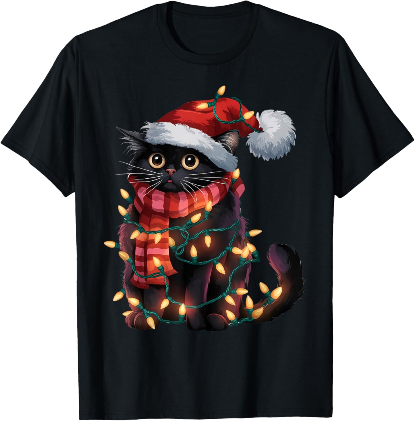 Black Cat Christmas Shirt For Women Santa Hat Xmas Lights