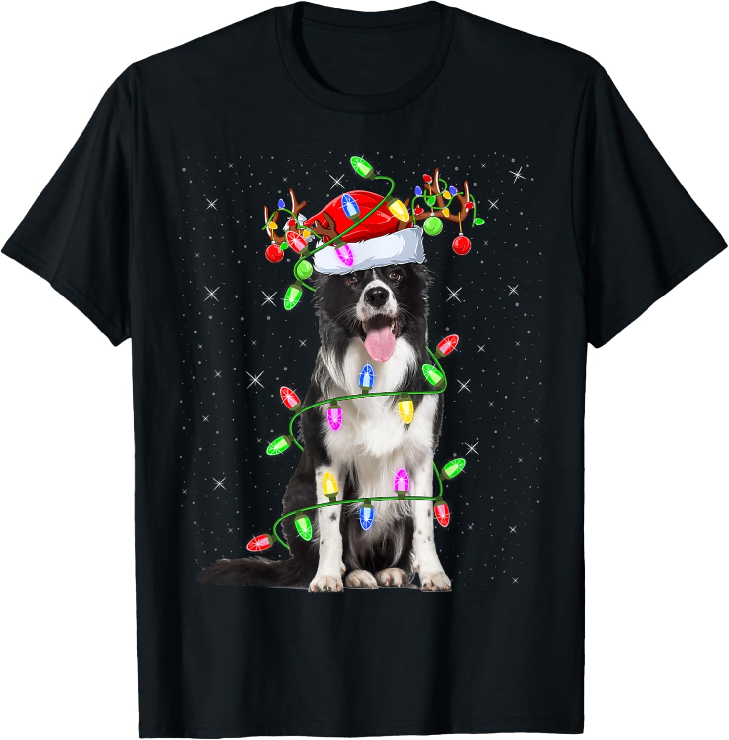 Xmas Holiday Lighting Santa Border Collie Dog Christmas T-Shirt for Men Women Kids