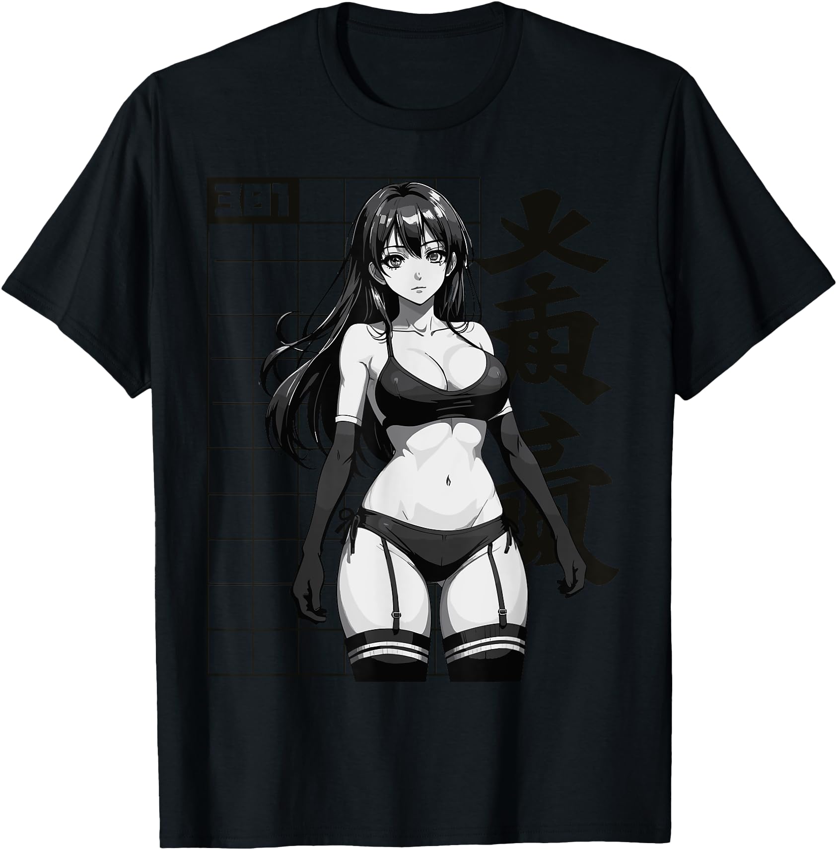 Sexy Waifu Otaku Anime Girl Japanese in Black and White Art