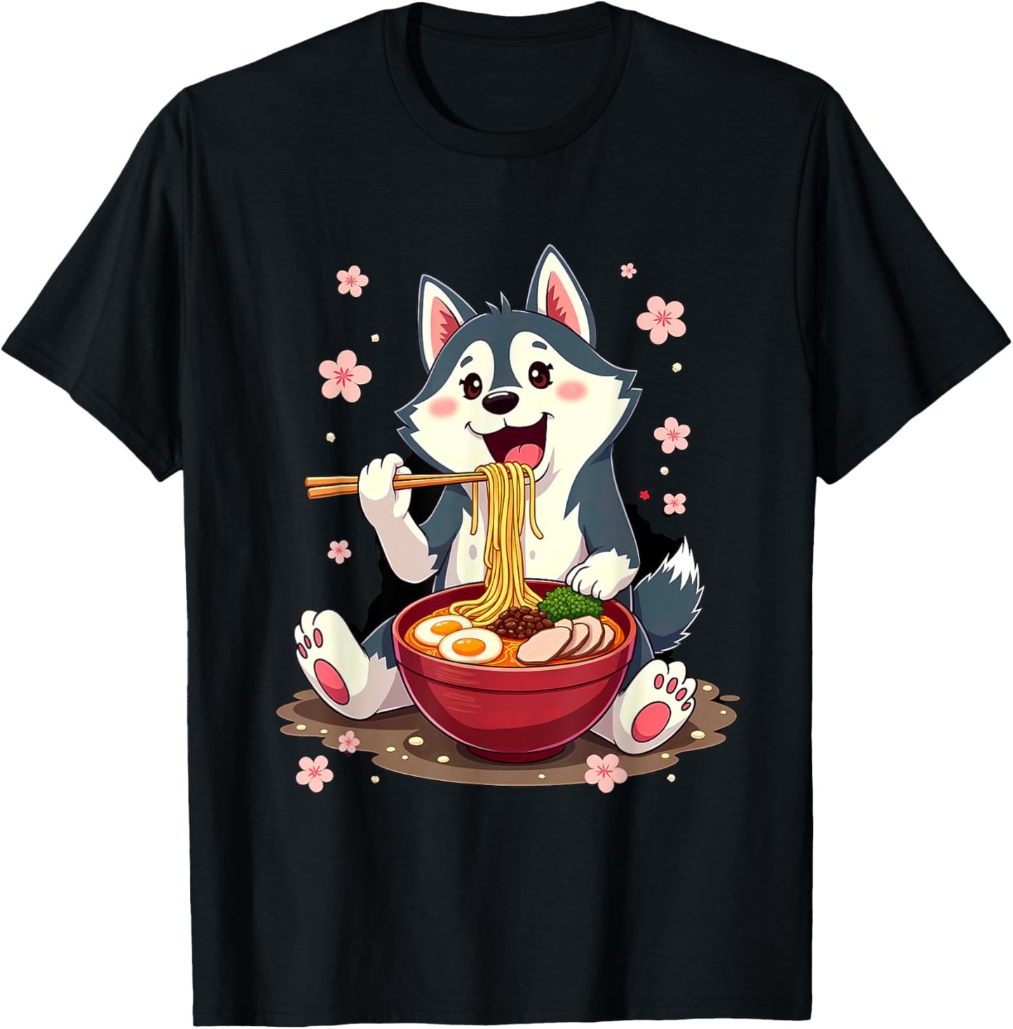 Otaku Husky Dog Ramen Noodles Unisex-Adult Anime Manga Kawaii Husky Dog Eating Ramen T-Shirt Black Small Classic Fit Short Sleeve Cotton Blend Machine Wash