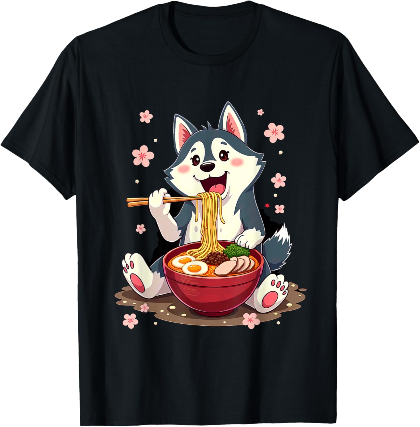 Otaku Husky Dog Ramen Noodles Unisex-Adult Anime Manga Kawaii Husky Dog Eating Ramen T-Shirt Black Small Classic Fit Short Sleeve Cotton Blend Machine Wash