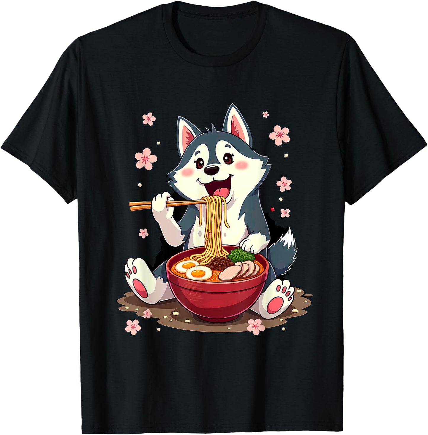 Otaku Husky Dog Ramen Noodles Unisex-Adult Anime Manga Kawaii Husky Dog Eating Ramen T-Shirt Black Small Classic Fit Short Sleeve Cotton Blend Machine Wash