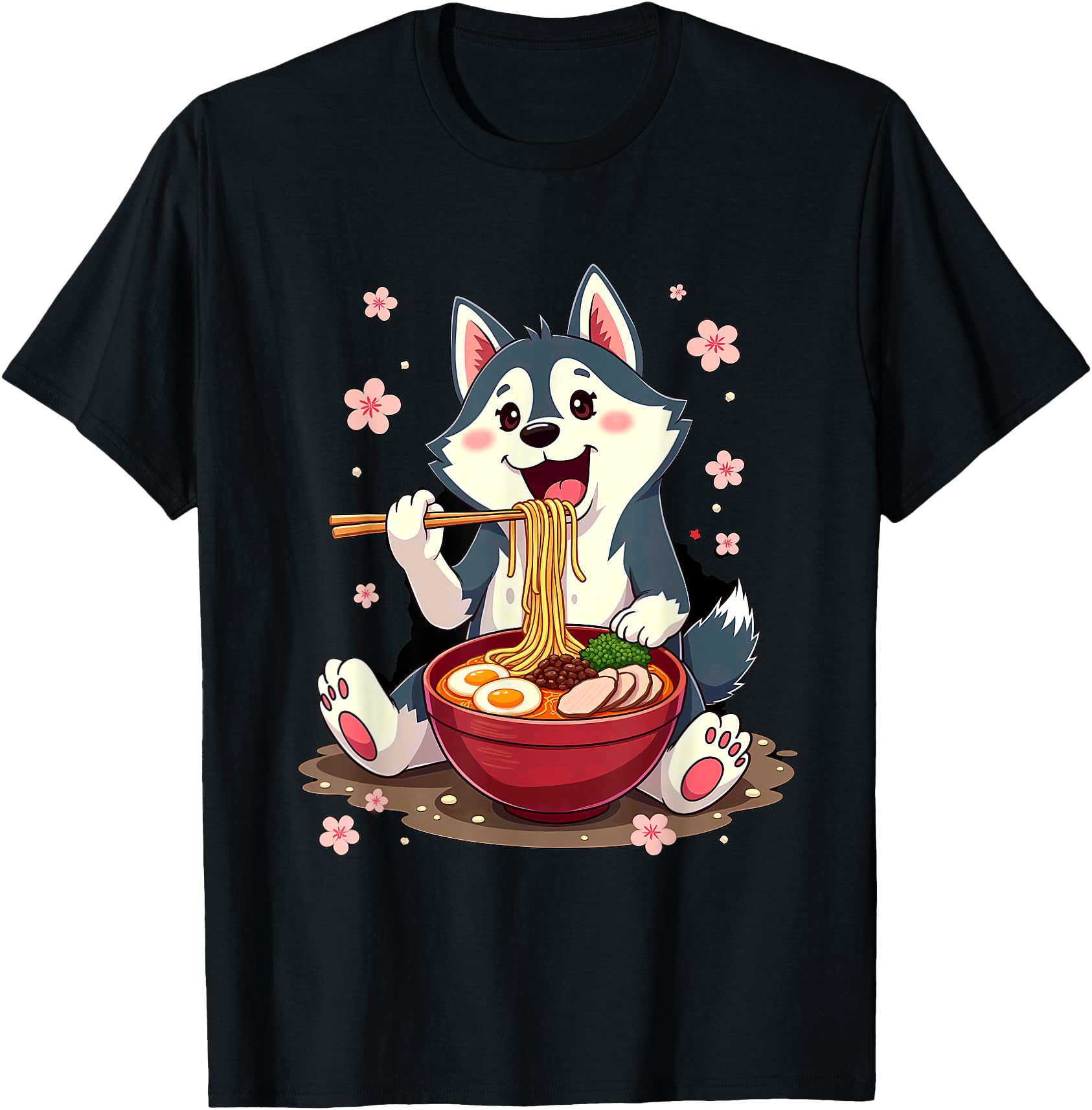 Otaku Husky Dog Ramen Noodles Unisex-Adult Anime Manga Kawaii Husky Dog Eating Ramen T-Shirt Black Small Classic Fit Short Sleeve Cotton Blend Machine Wash