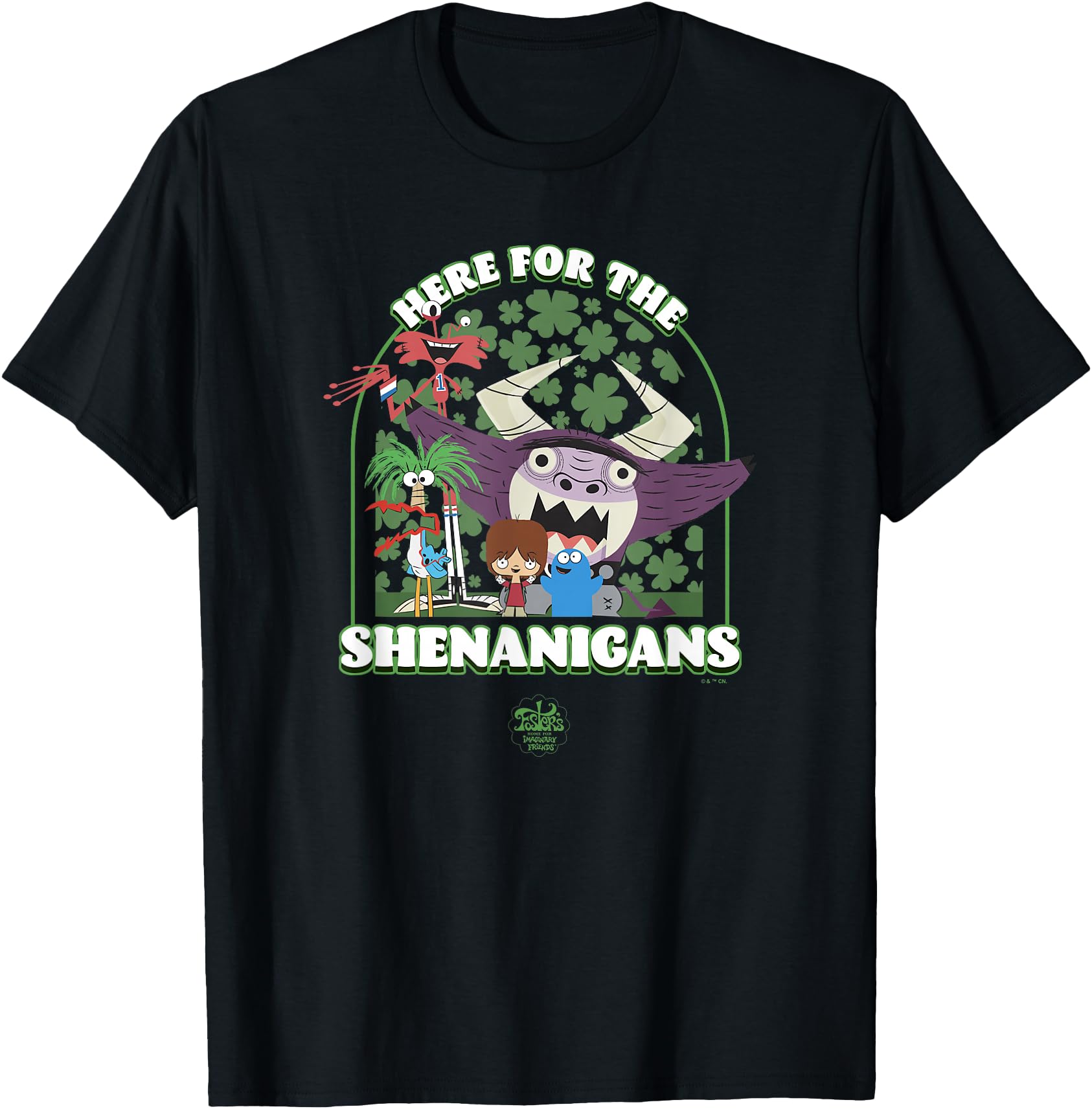 Foster's Home for Imaginary Friends St. Patrick's Day! Unisex-Adult T-Shirt - Black, Small, Short Sleeve, V-Neck, Classic Fit, Graphic, Cartoon Character