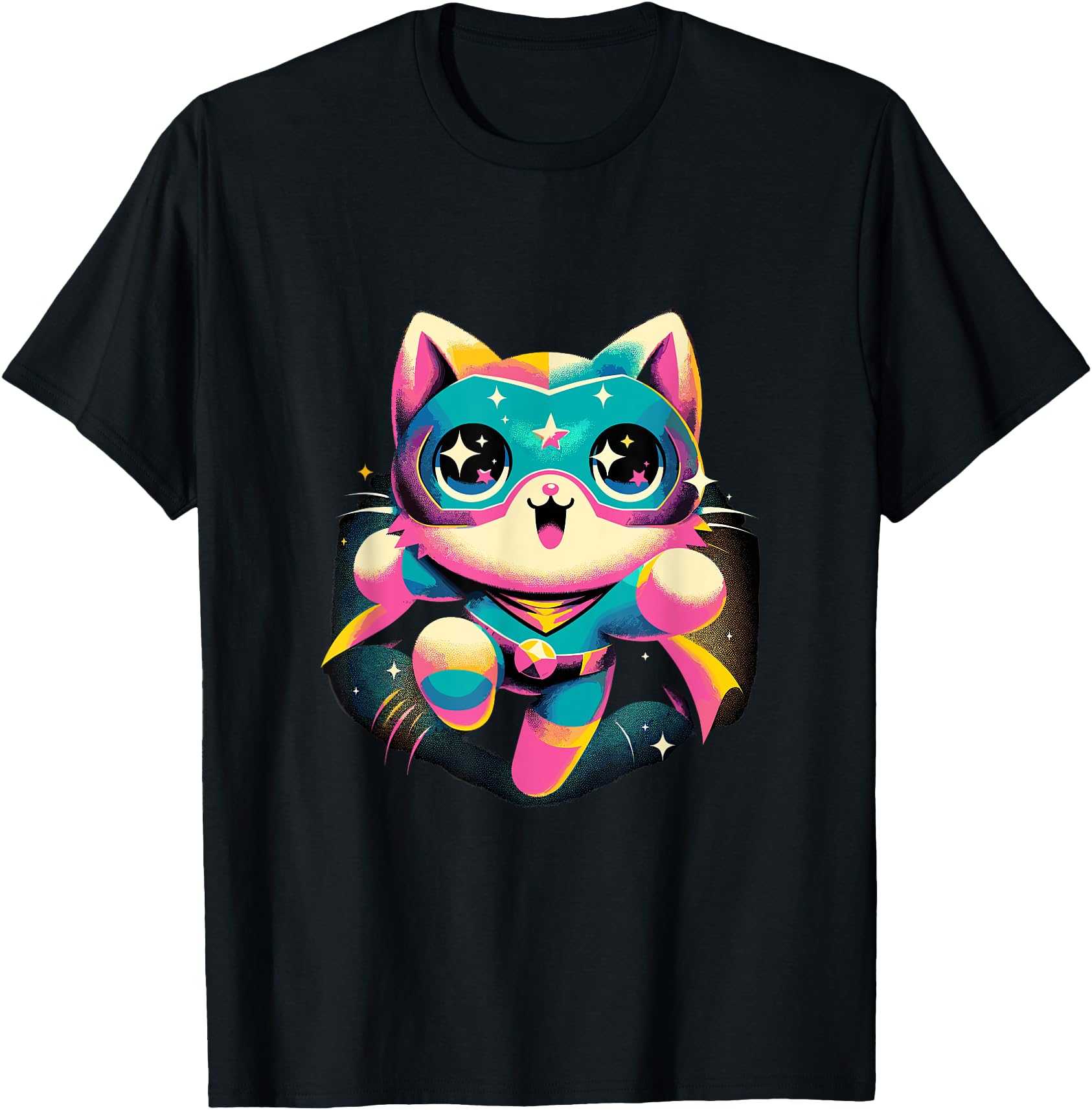 Kawaii Cat Hero - Cute Anime Superhero T-Shirt, Small, Black