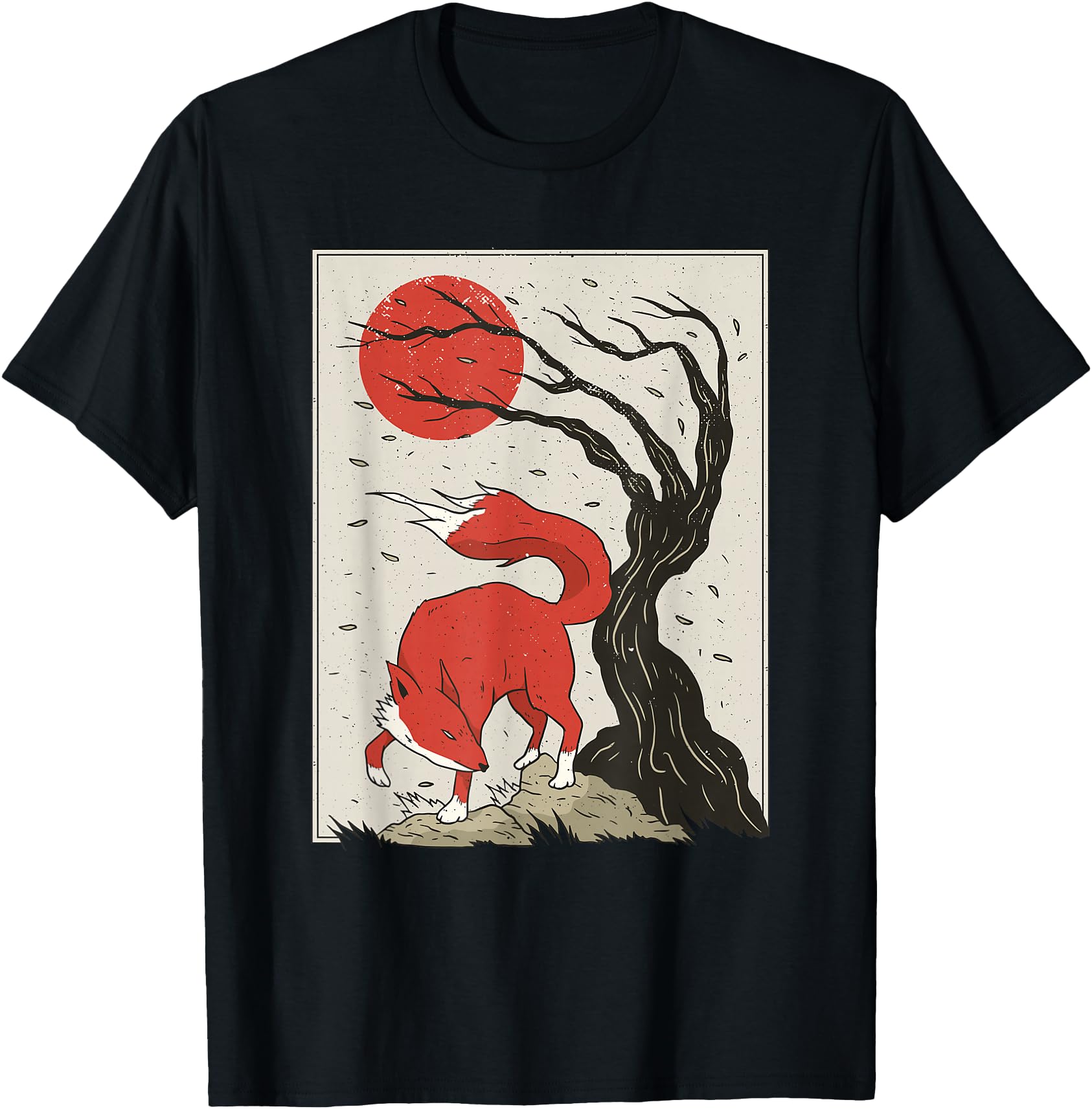 Japanese Style Painting Of The Fox, Tree And Sun