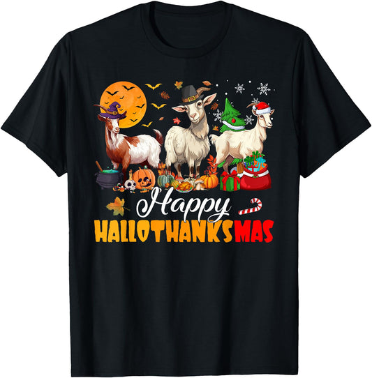 Amb Goat Animal Lovers Owners Happy Hallothanksmas Unisex T-Shirt - Black, Small, Short Sleeve, V-Neck, Graphic, Halloween, Family, Halloween Enthusiasts