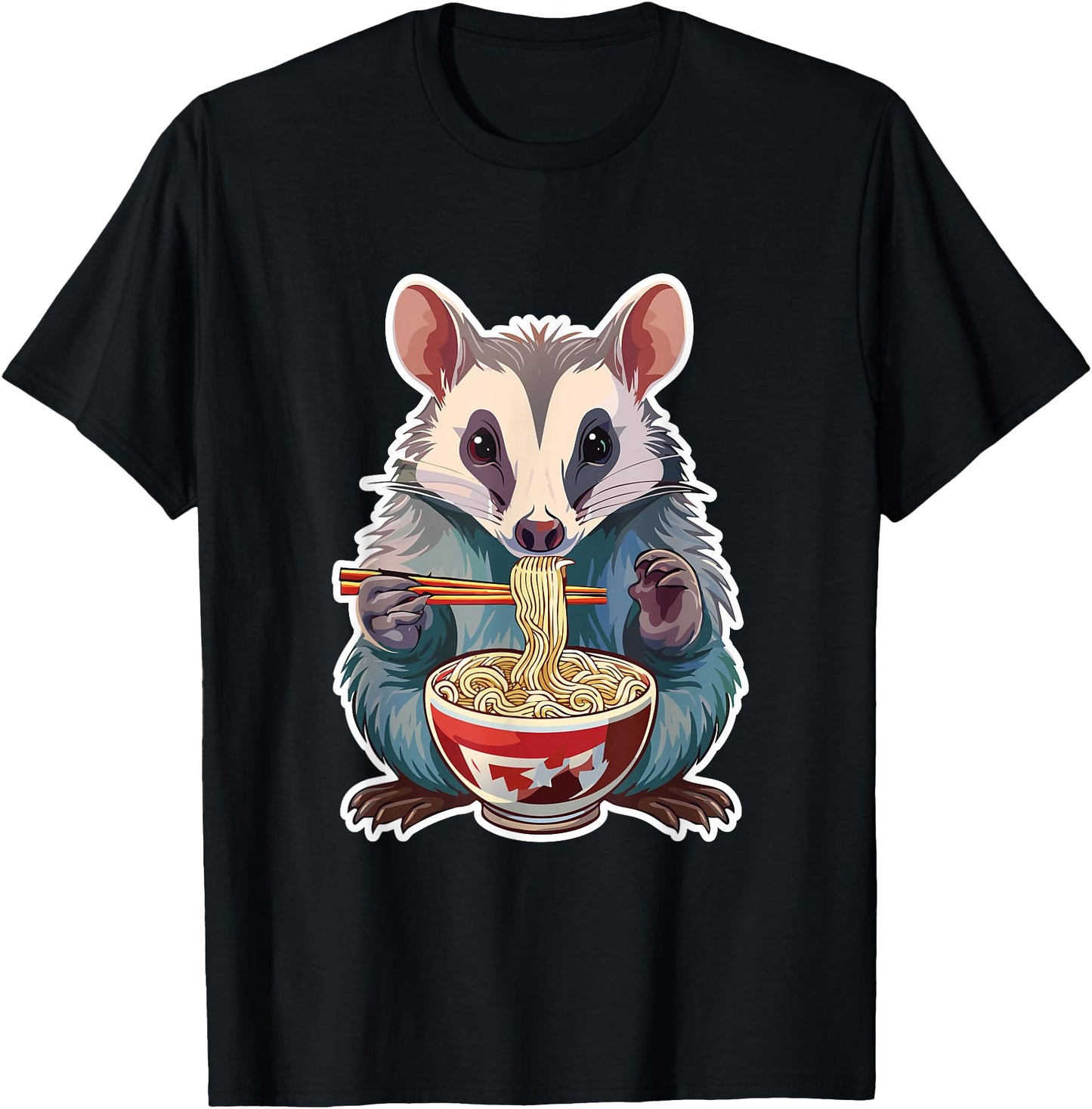 Zoo Time For You Funny Possum Opossum Eating Ramen Noodles Japanese Vintage Unisex-Adults T-Shirt - Black, Small
