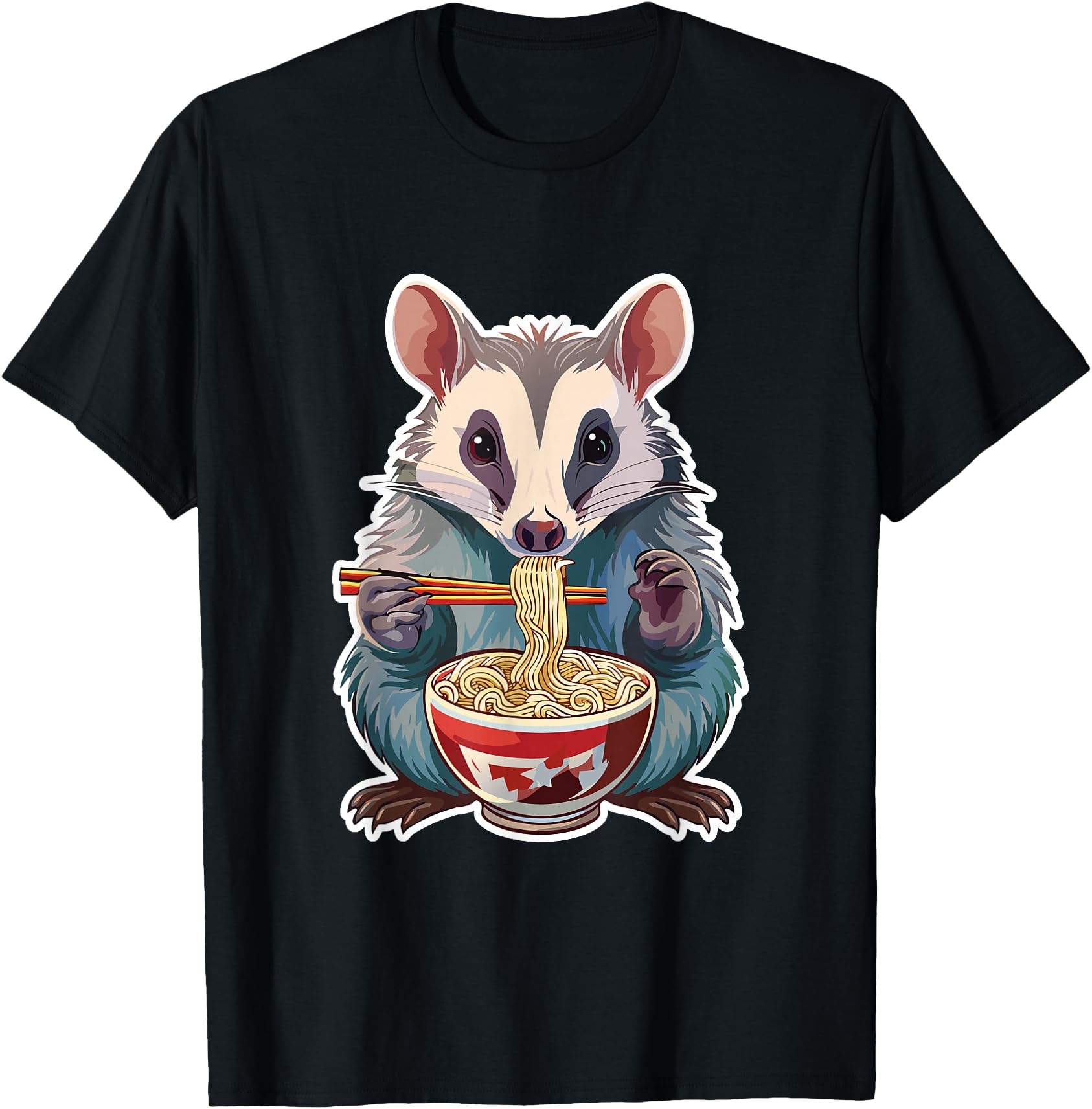 Zoo Time For You Funny Possum Opossum Eating Ramen Noodles Japanese Vintage Unisex-Adults T-Shirt - Black, Small