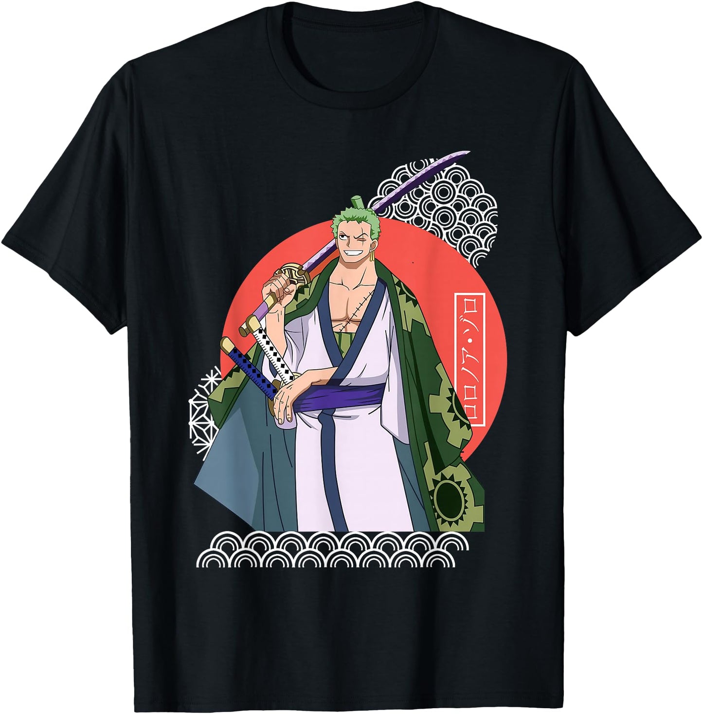 Japanese Retro Art Anime Graphic T-Shirt - Unisex, Black, Small, Long Sleeve, Regular Fit, Adult, Women, Girls, One Piece Zoro Graphic Tee