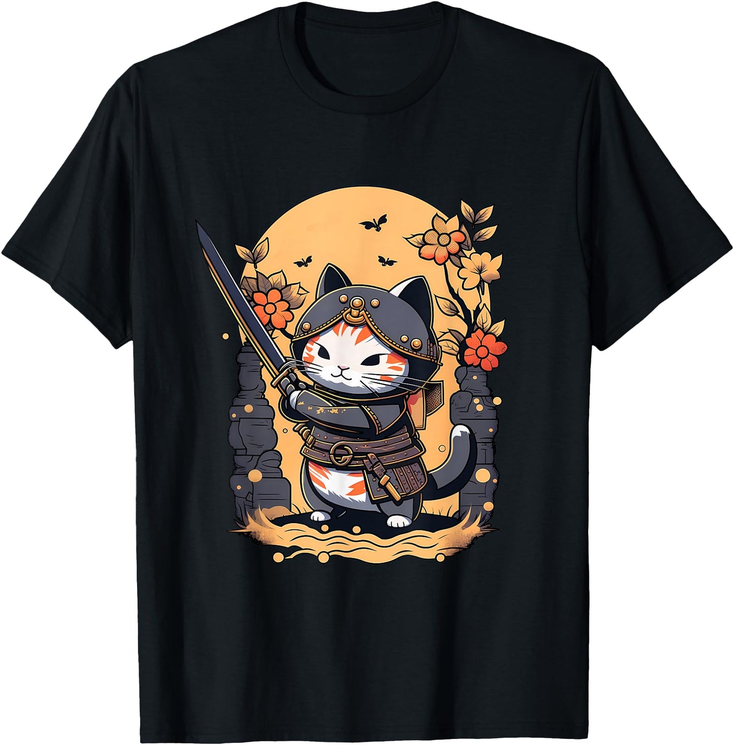 Kawaii Samurai Kitten, Ninja Cat Warrior, Retro Japanese T-Shirt for Men Women Girls