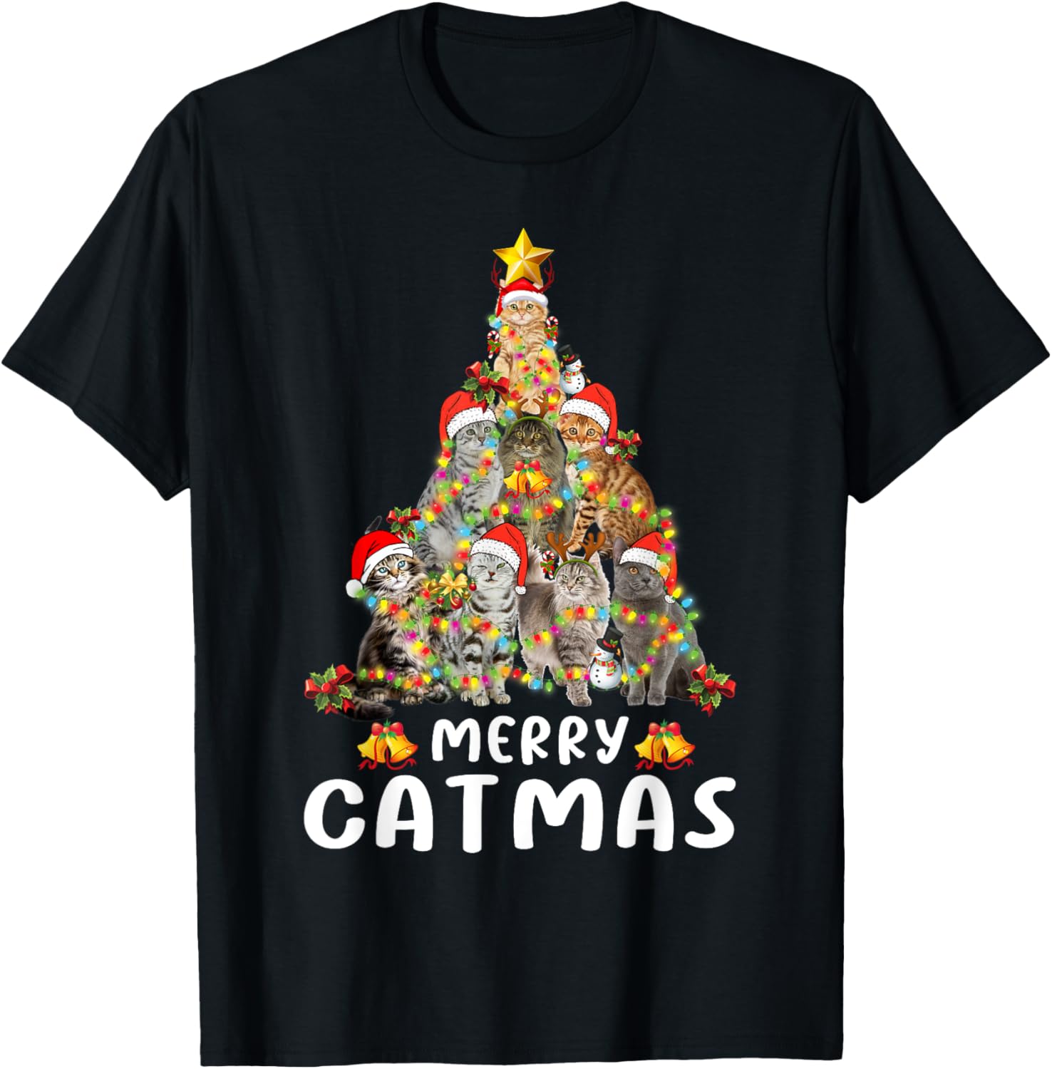 Funny Ugly Sweater Christmas Tree Shirt Cat Lights Santa Hat