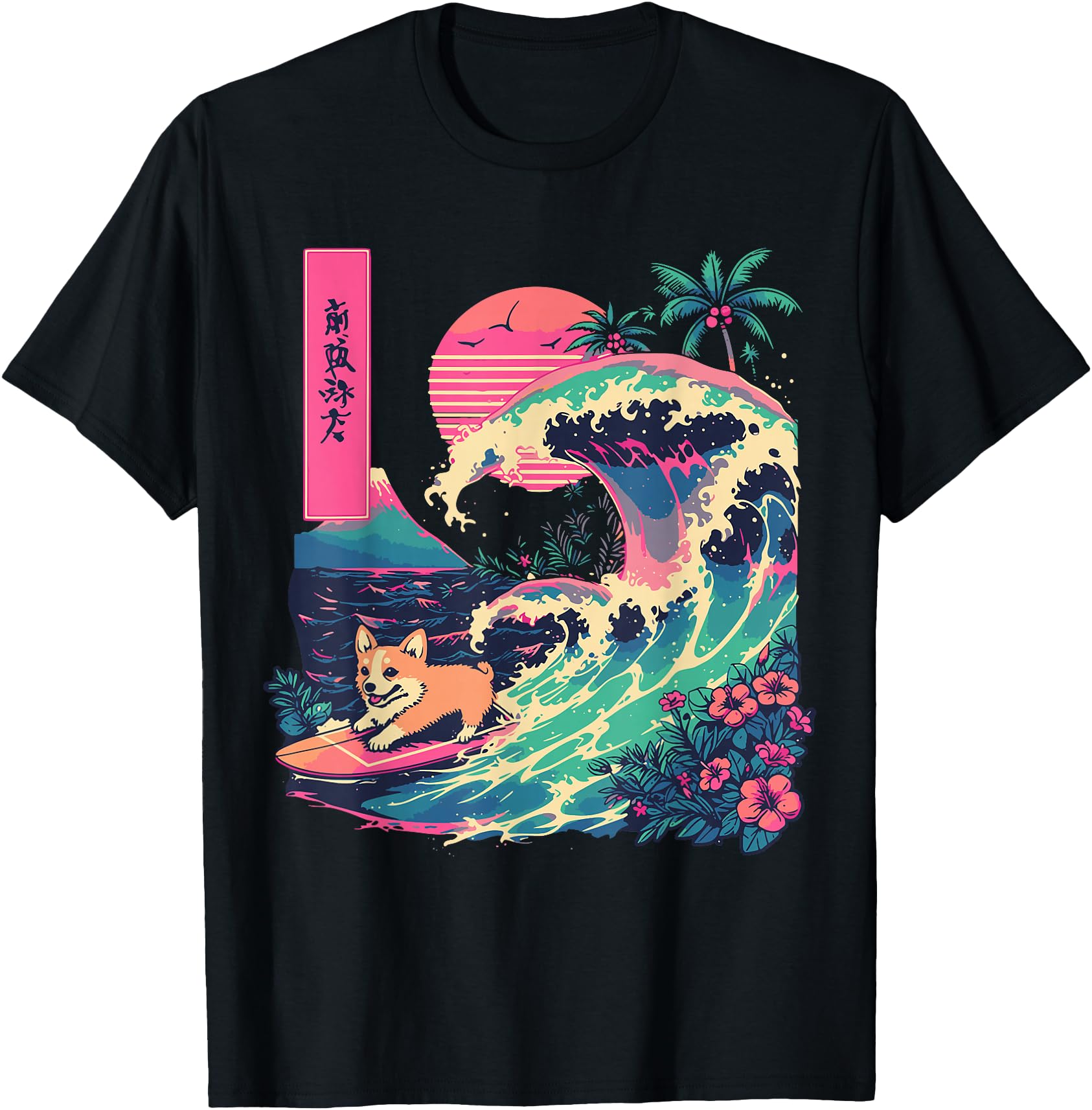Japanese Corgi Surfing Great Wave Japan