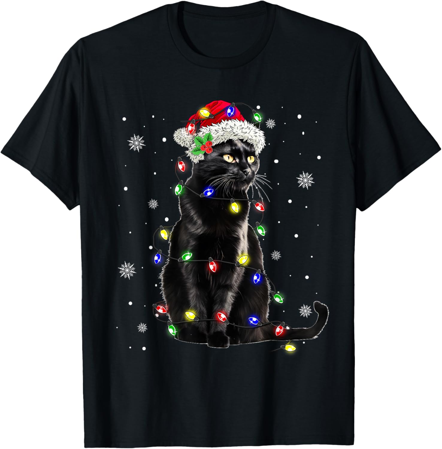 Black Cat Christmas Lights Santa Funny Cat Dad Mom Xmas Men Women Kids