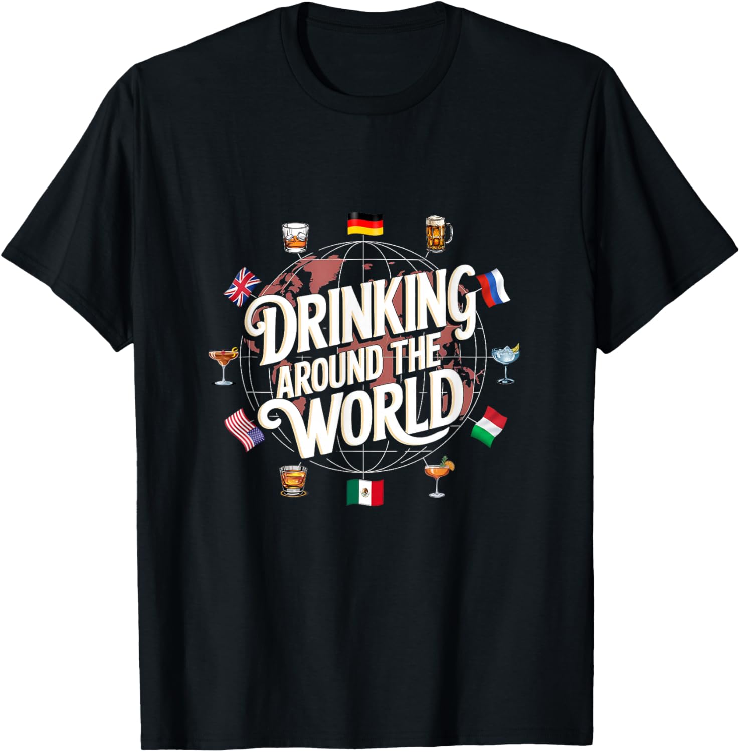 Funny Drinking Around The World Drink T-Shirt - Funny Drinking Around The World Drink - Black - Unisex-Adults - Short Sleeve - T-Shirt - Polyester 100% - Modern Cartoon Round Collar - Small