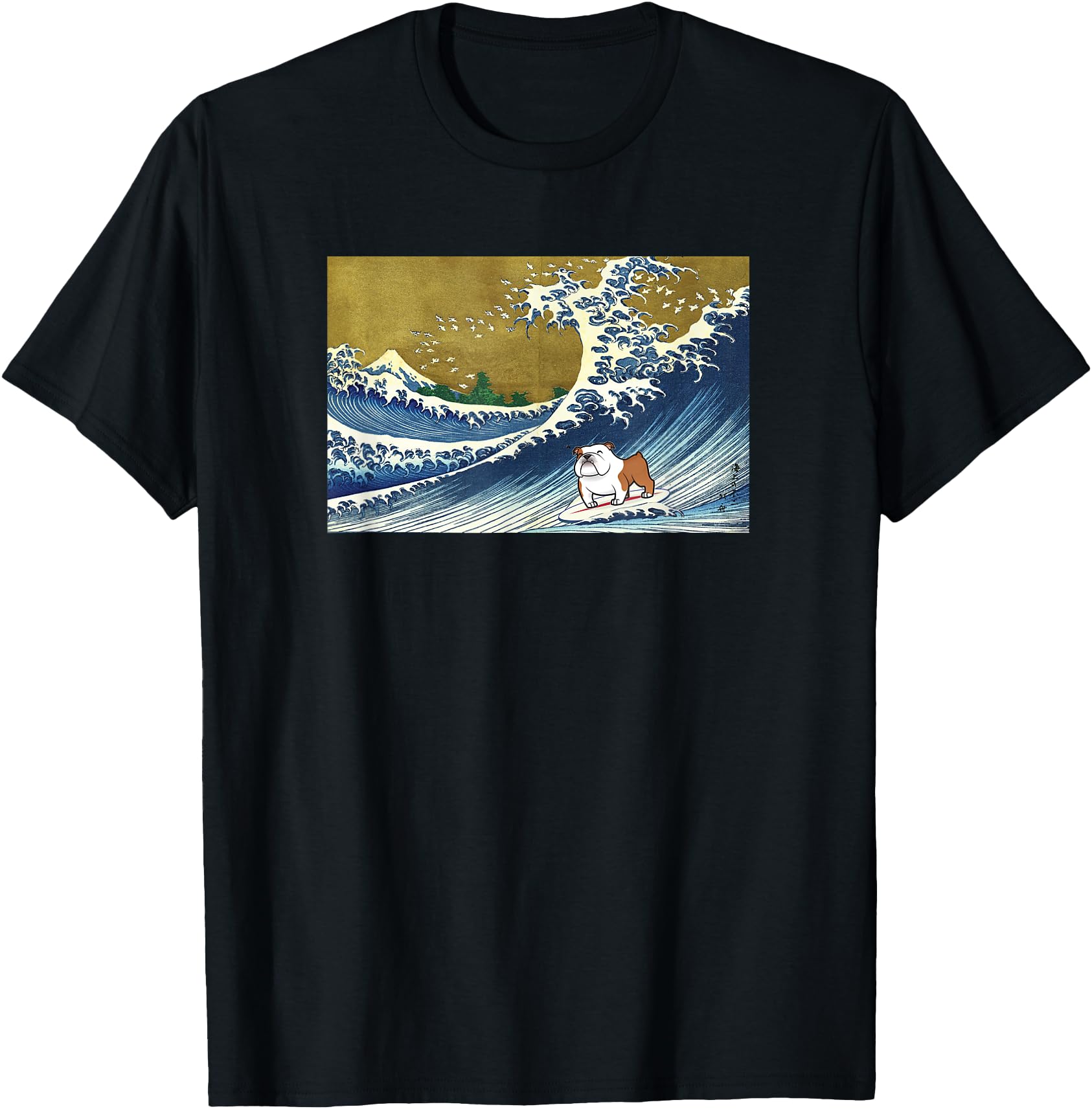 Funny Cartoon Surfing a Great Wave English Bulldog