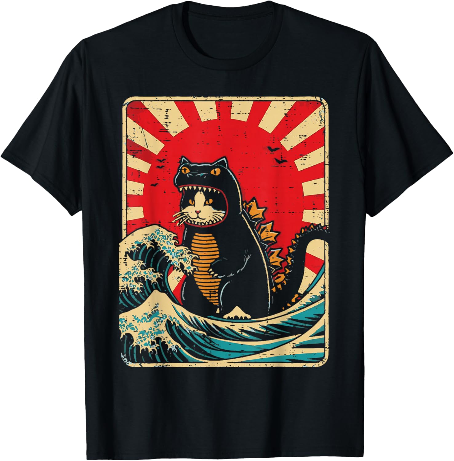 Cat Monster Waves Red Sun Japanese Catzilla Women Men Kids
