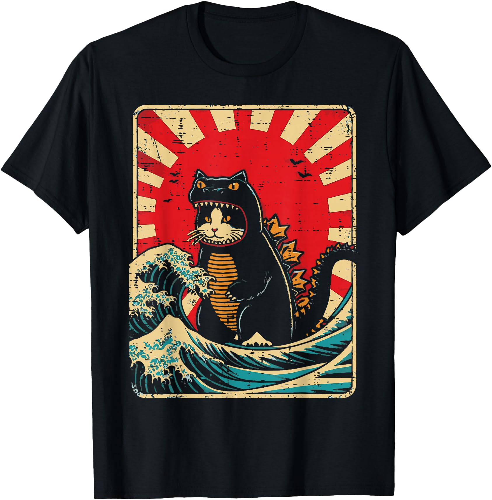 Cat Monster Waves Red Sun Japanese Catzilla Women Men