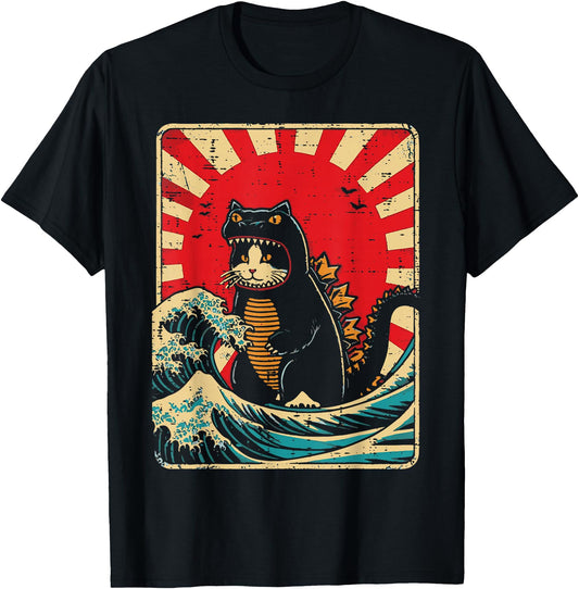 Cat Monster Waves Red Sun Japanese Catzilla Women Men
