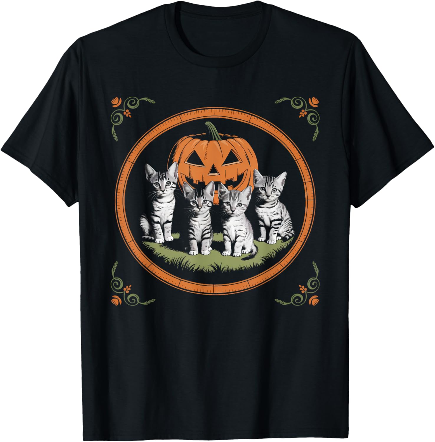 Cat Pumpkin Vintage Halloween Floral Spooky Season Men Women T-Shirt