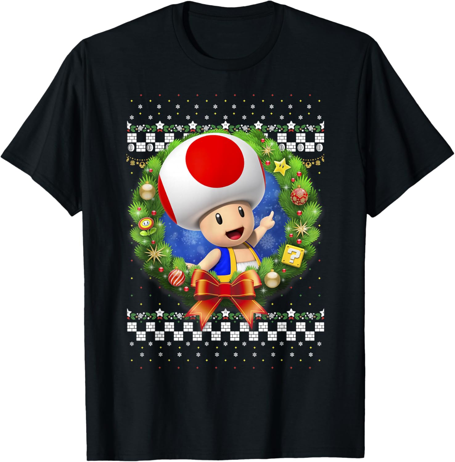 Super Mario 3D Toad Christmas Wreath Graphic T-Shirt