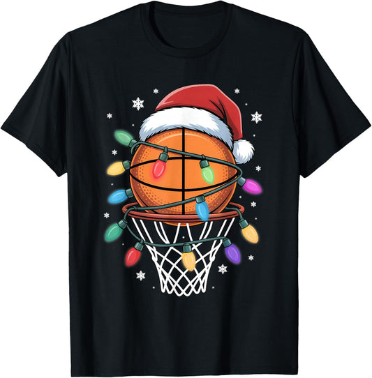 Christmas Basketball Santa Hat Xmas Light Basketball Lover T-Shirt