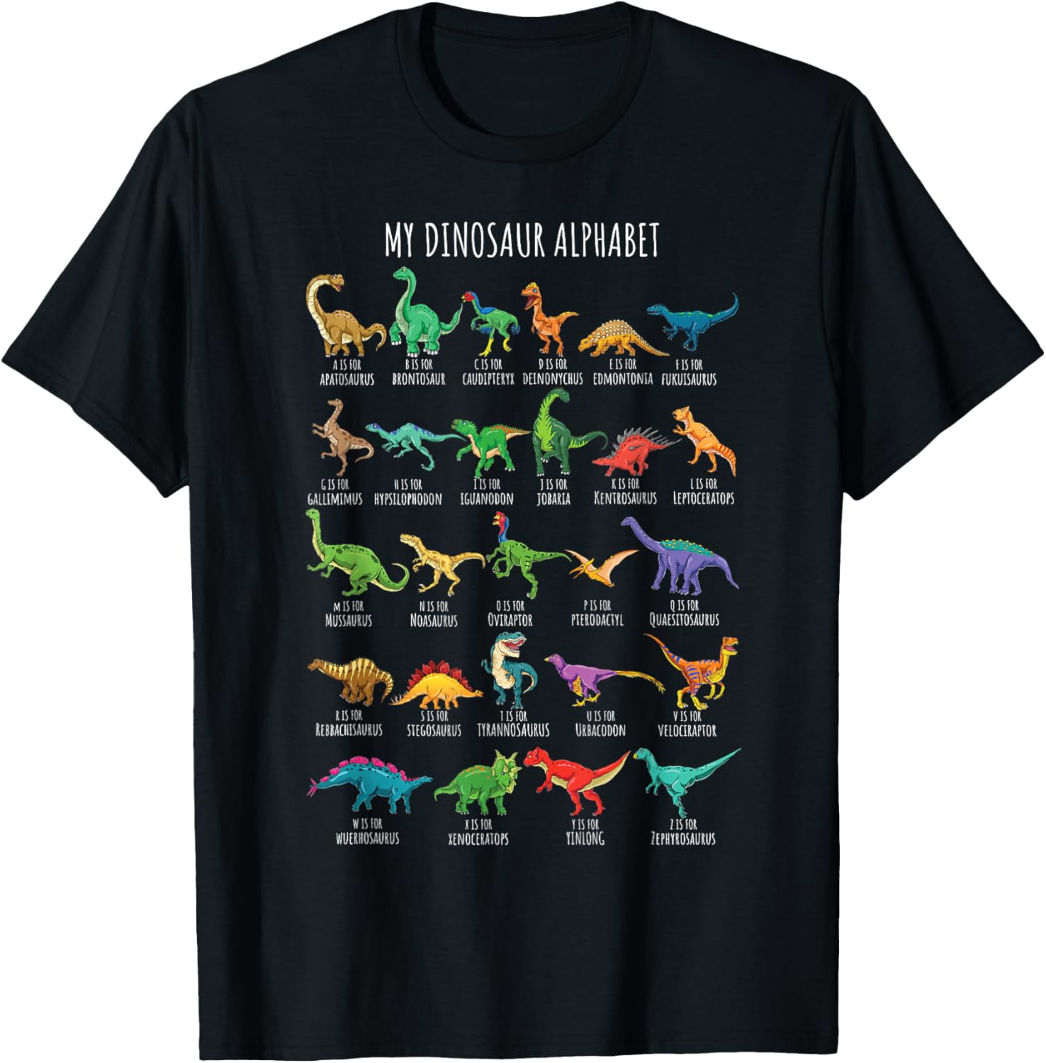 Types Of Dinosaurs Alphabet A-Z ABC Dino Identification Short Sleeve