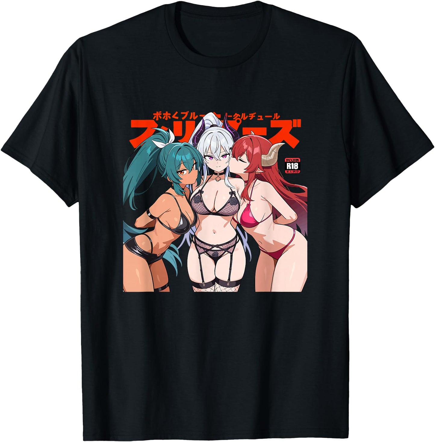 Waifu Sexy Anime Kissing Girls Horns Japanese Manga Style