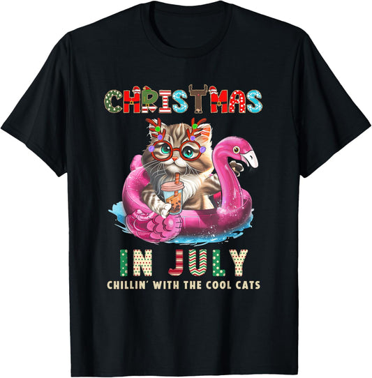 Christmas In July Chillin Cats Flamingo Float Meowy Xmas T-Shirt