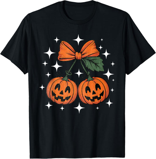 Cherry Pumpkin Bow Coquette Halloween Spooky Season Girl Kid T-Shirt