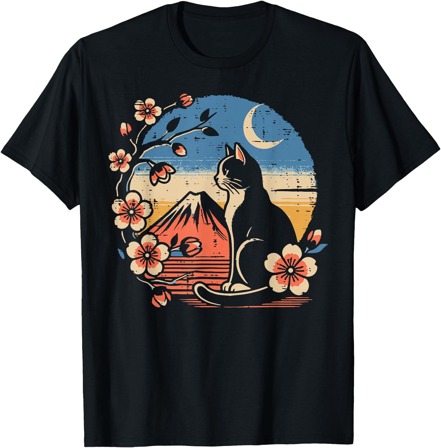 Japanese Tuxedo Cat Cherry Blossoms Retro Art Men Women