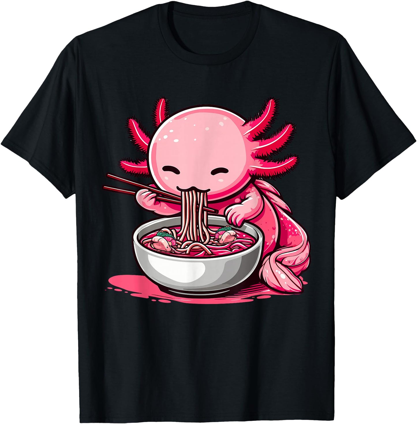 Funny Axolotl Noodle Gifts Anime Kawaii Axolotl Eating Ramen Noodles Unisex Teen Adult T-Shirt Black Small