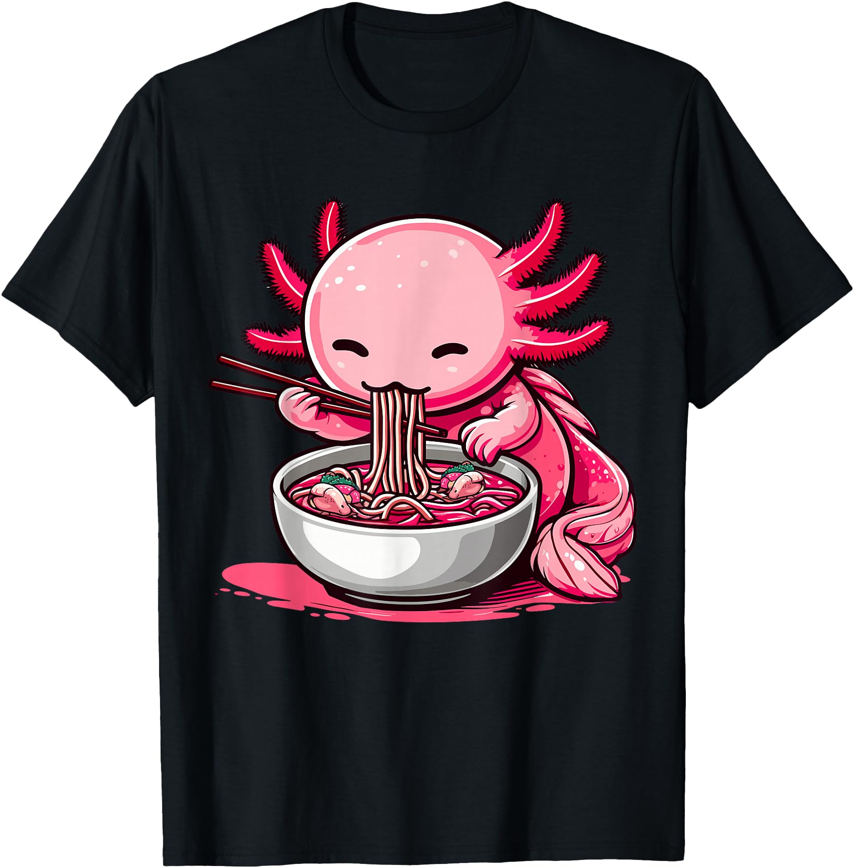 Funny Axolotl Noodle Gifts Anime Kawaii Axolotl Eating Ramen Noodles Unisex Teen Adult T-Shirt Black Small