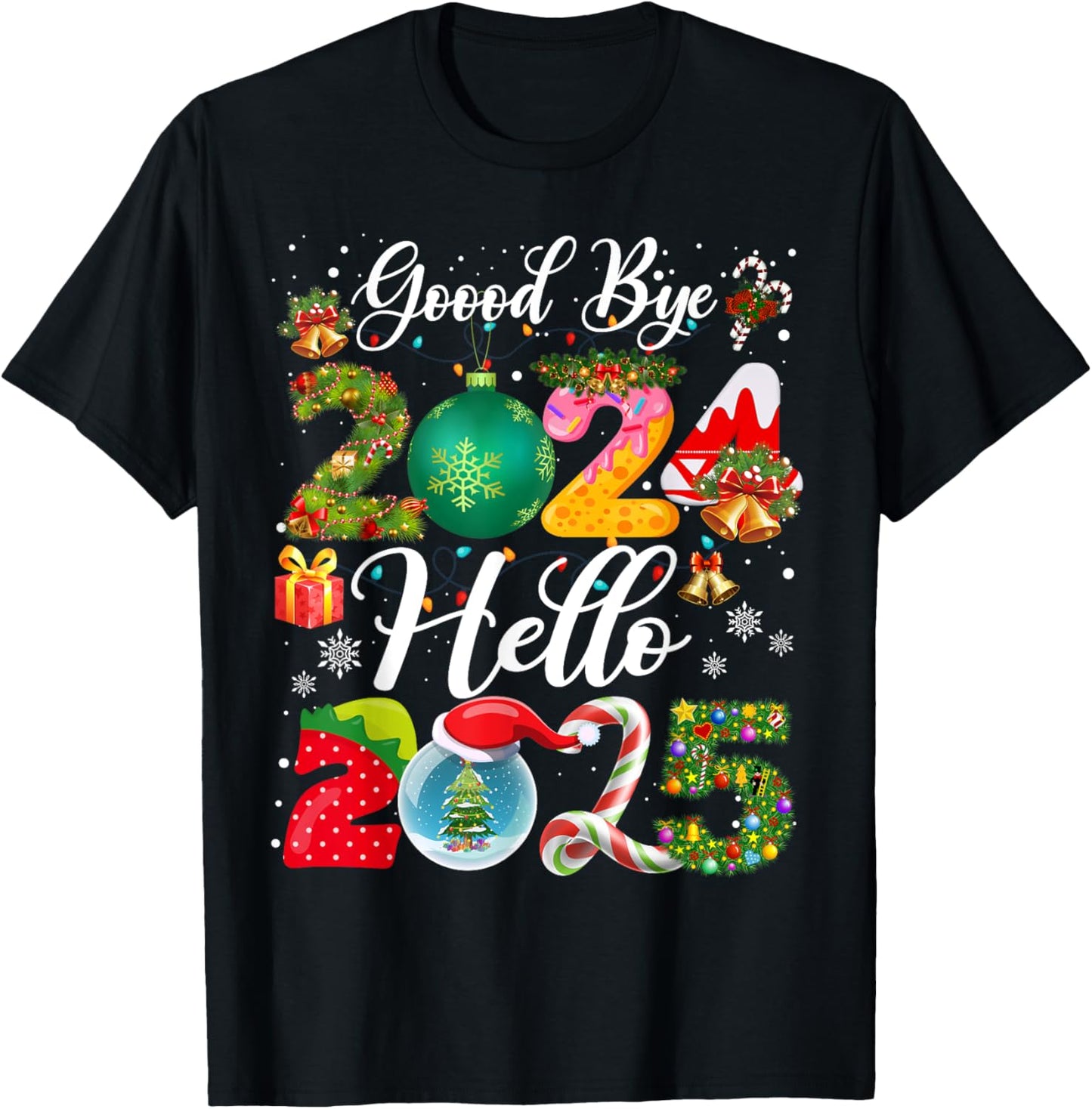 Christmas and New Year Family Matching Outfit Goodbye 2024 Hello 2025 Happy New Year's Eve Christmas Xmas T-Shirt - Black, Unisex-Adults & Kids, Short Sleeve, Small, Classic Fit, Cotton Blend