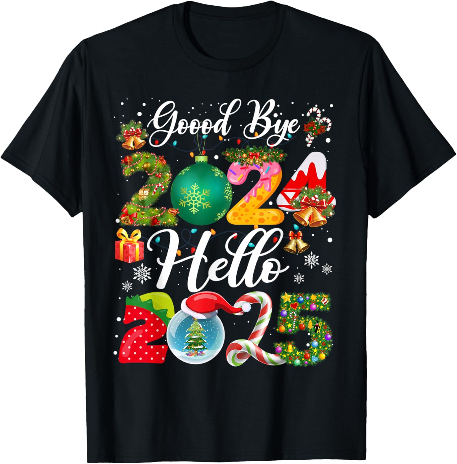 Christmas and New Year Family Matching Outfit Goodbye 2024 Hello 2025 Happy New Year's Eve Christmas Xmas T-Shirt - Black, Unisex-Adults & Kids, Short Sleeve, Small, Classic Fit, Cotton Blend