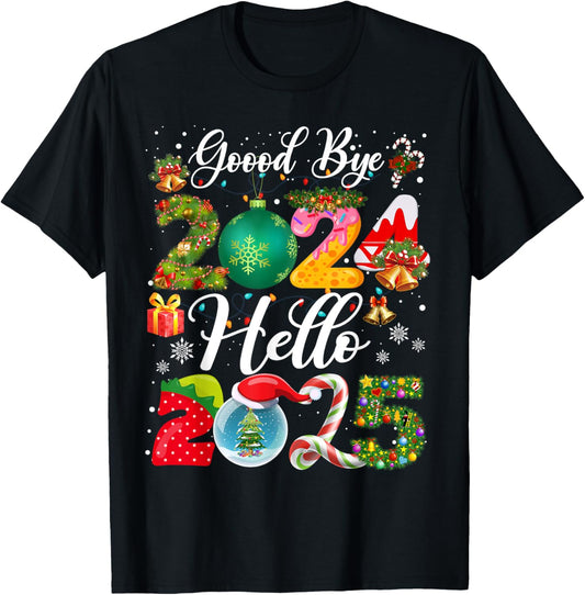 Christmas and New Year Family Matching Outfit Goodbye 2024 Hello 2025 Happy New Year's Eve Christmas Xmas T-Shirt - Black, Unisex-Adults & Kids, Short Sleeve, Small, Classic Fit, Cotton Blend