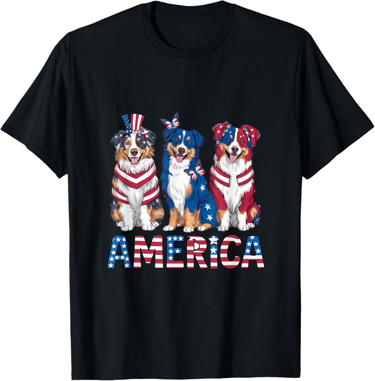 American 4th of July Dog Australian Shepherd T-Shirt for Women Kids Men