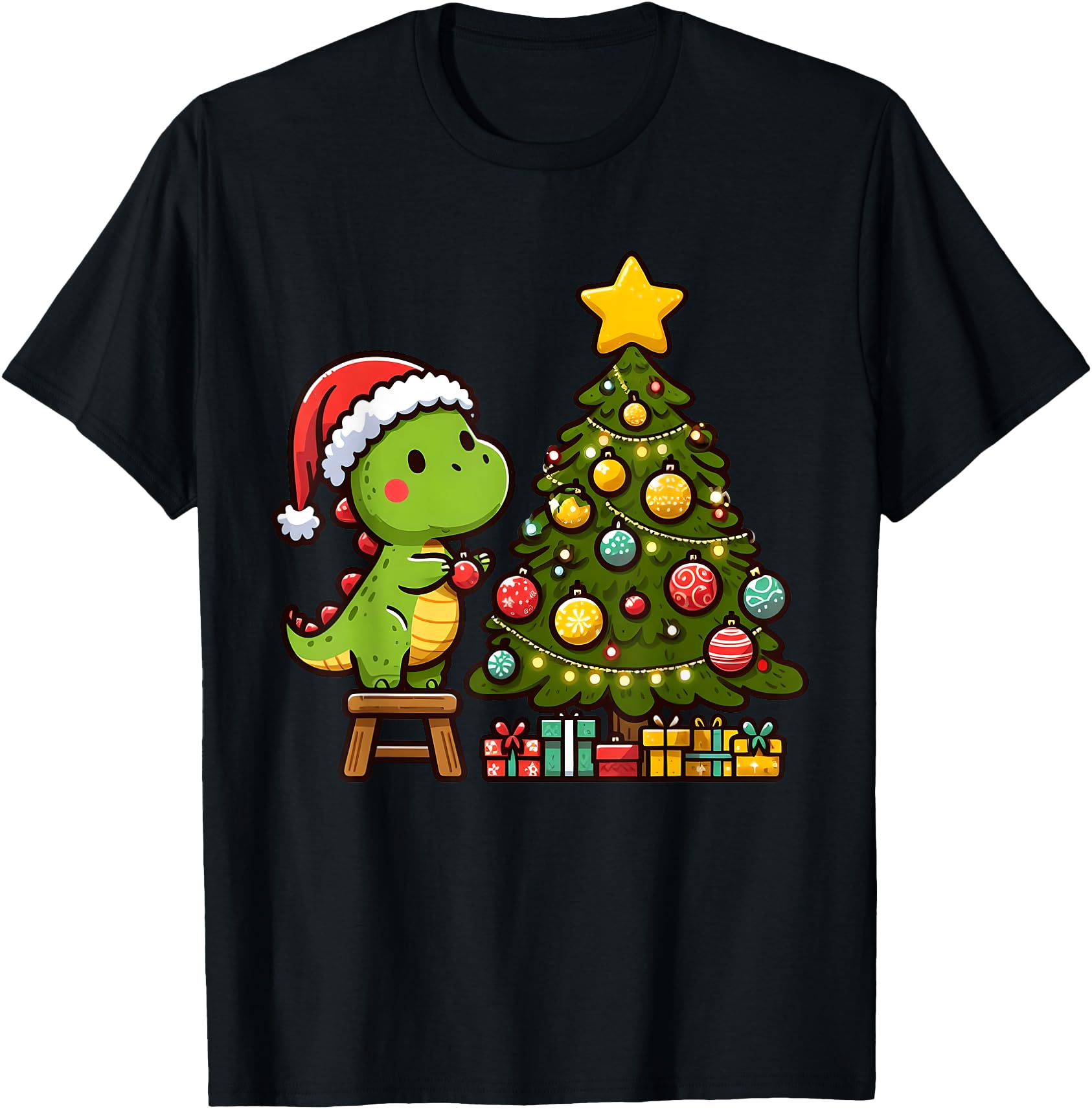 Cute T Rex Dinosaur Decorating Christmas Tree Xmas Holiday