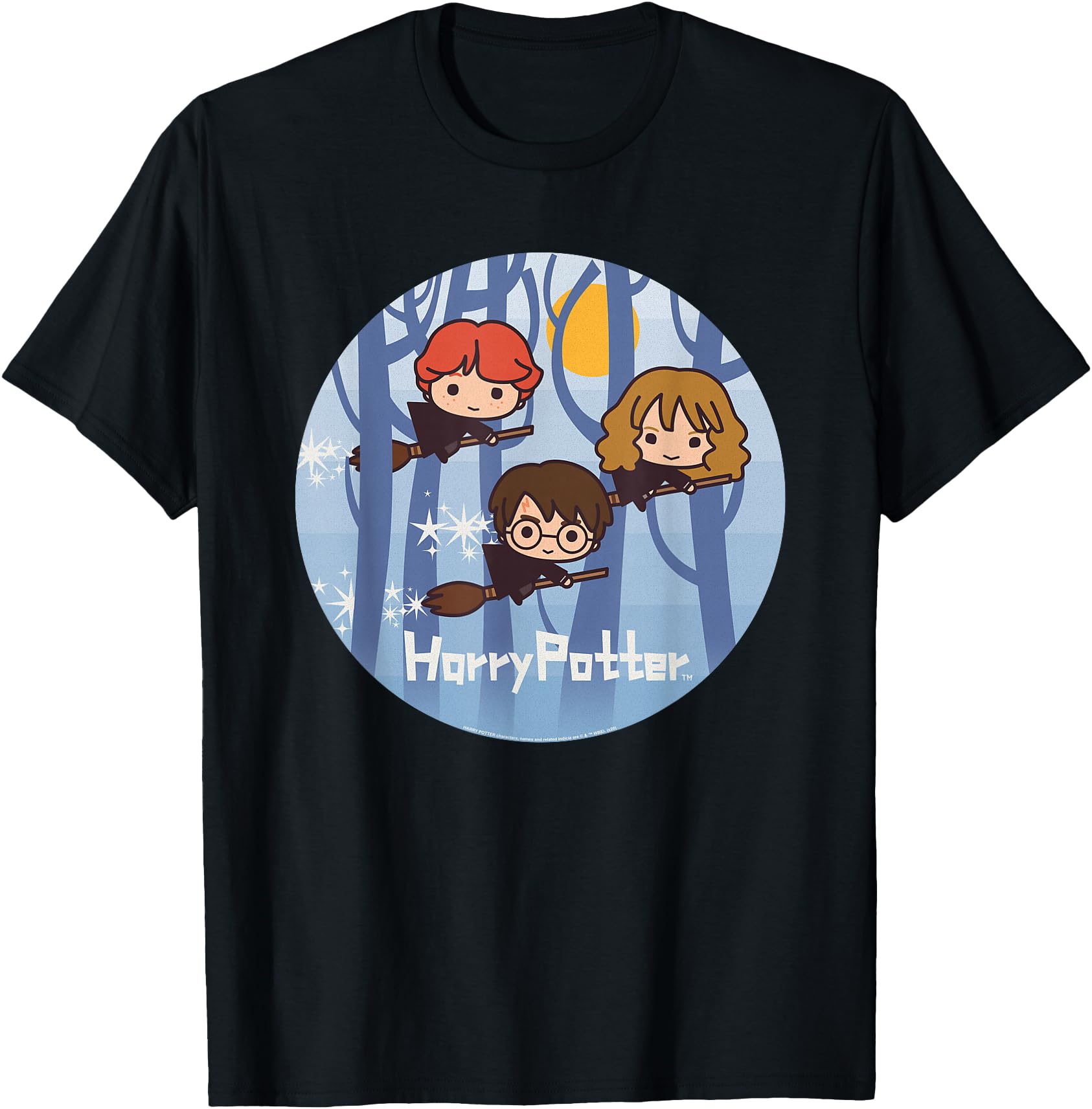 Harry Potter Chibi Trio Flying On Broomsticks Unisex-Adults Black Cotton Blend Short Sleeve