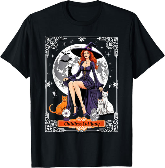 Childless Cat Lady Halloween Witch Cats Witchy Spooky Tarot T-Shirt